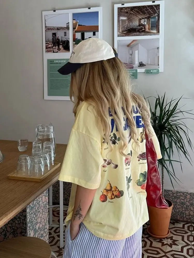 Vintage Lemon Salt Print Short Sleeve Women's T-shirt Yellow Oversize Street Style Cotton Casual Summer Top for Girls
