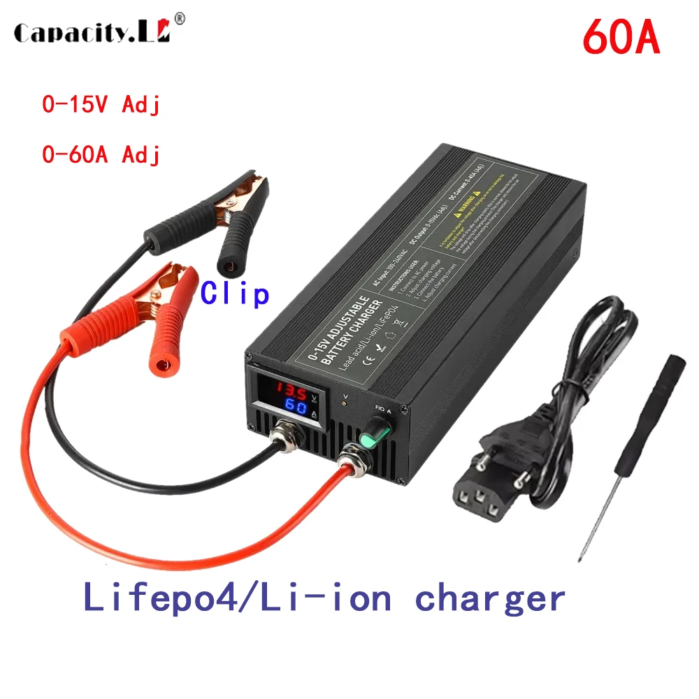 Capacity.li 0-15V Adjustable Battery Charger 14.6V60A Lifepo4 Charger Car Fast Charging 12.6V Lithium Battery High Power Adapter