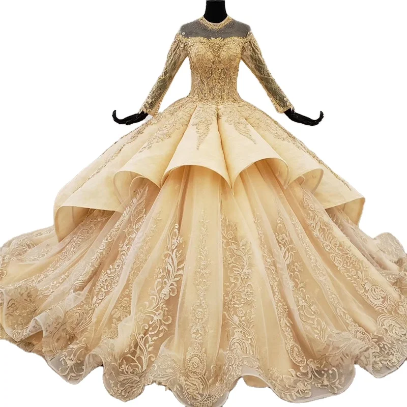 Gold O Neck Luxury High End Wedding Dresses Beaded Lace Long Sleeves Bridal Gowns Graduation Dresses  Quinceanera Dresses