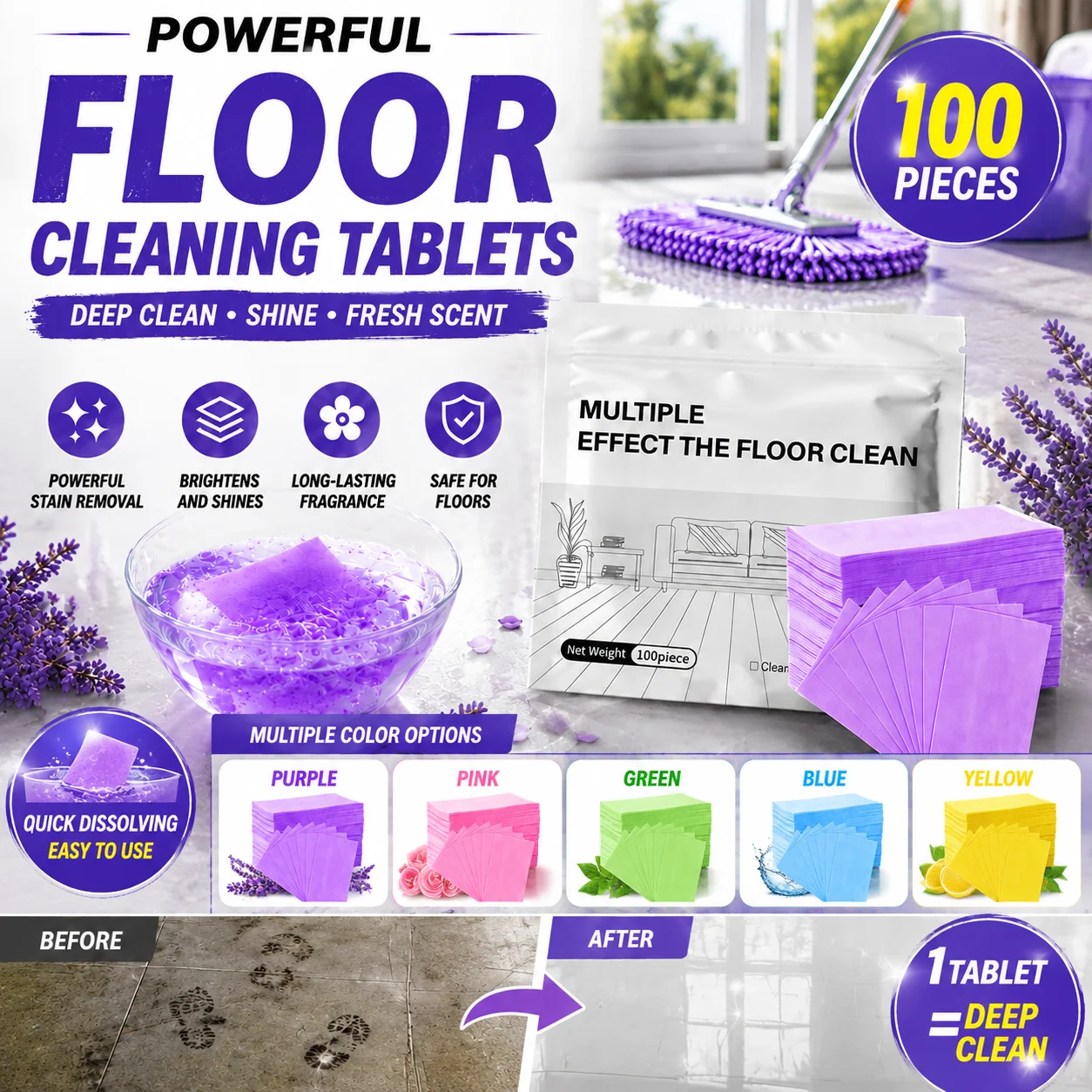 Concentrated Floor Clean Paper Sheet Quick Dissolving Tablet Brighten Floor Remove Stubborn Dirt Lavender Lemon Floral Scented