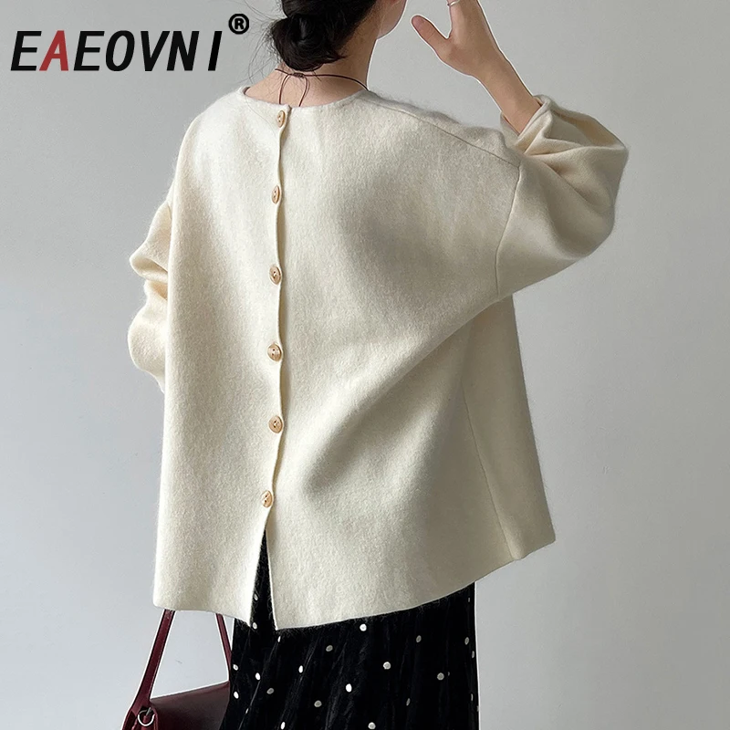 

EAEOVNI Wool Knitted Women's Sweater Back Button Design O Neck Long Sleeve Fashion Blouse Casual Autumn Winter New Clothing