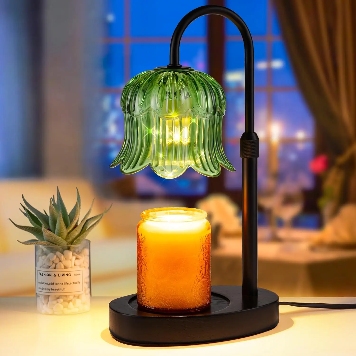 Lámpara Calentadora de Velas con Forma de Flor, con Temporizador, Altura Ajustable y Luz Regulable para Velas en Frasco, Calentamiento sin Llama con Aroma