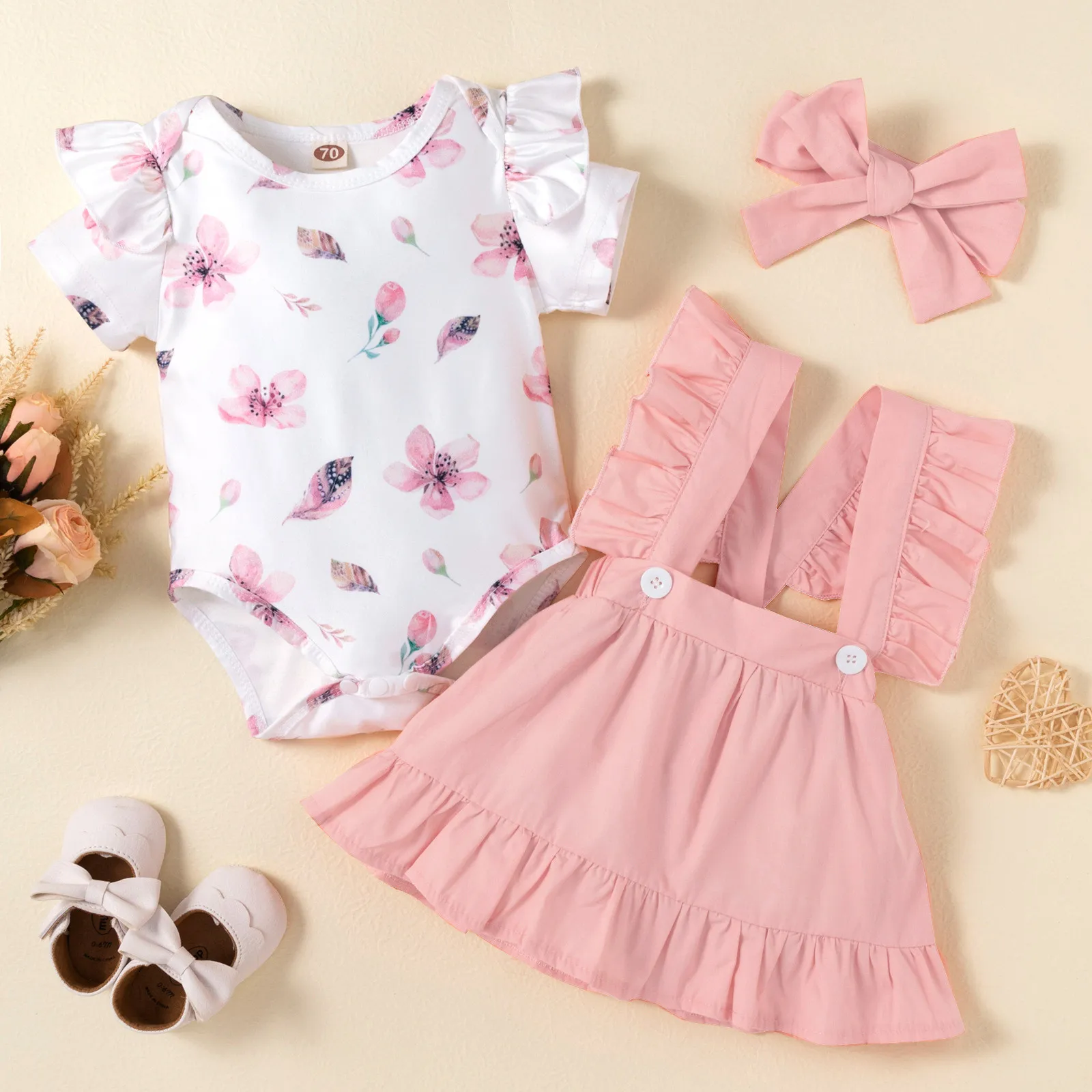 0-18M Baby Clothes Girls Floral Bodysuit Short Sleeve Romper Jumpsuit Tops Suspender Skirts Headband Sets Newborn 3Pcs Outfits