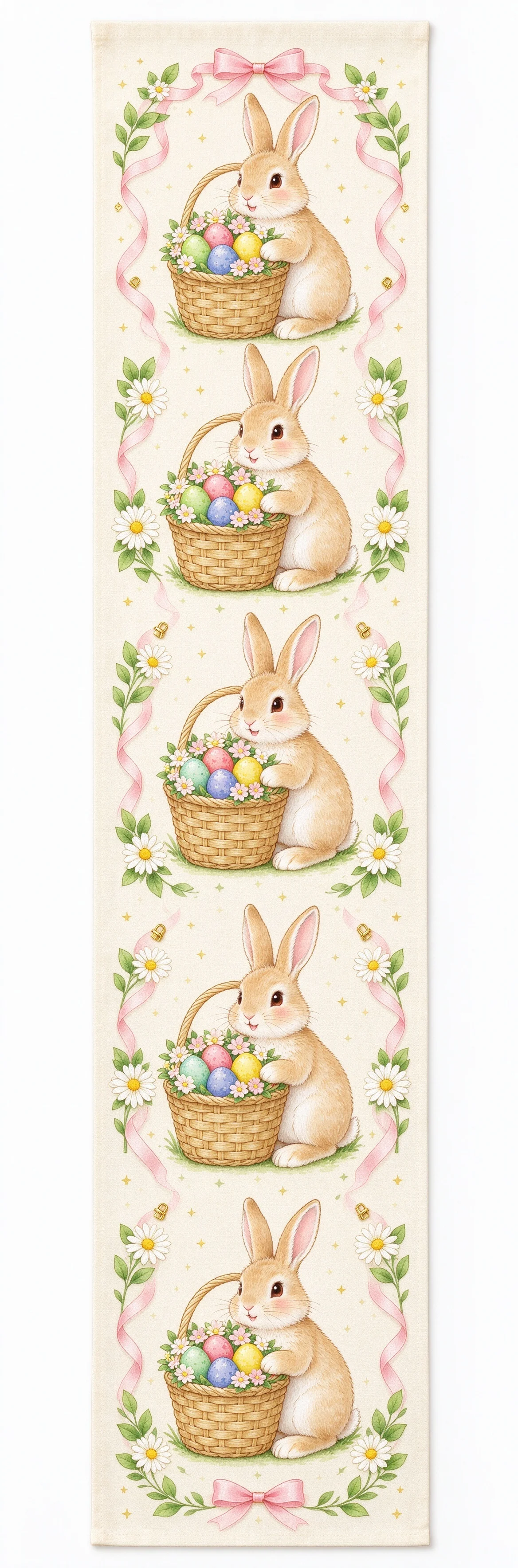 Easter Bunny Table Runner Cute Rabbit Color Eggs Basket Daisy Pink Ribbon Spring Holiday Dining Table Home Party Decor