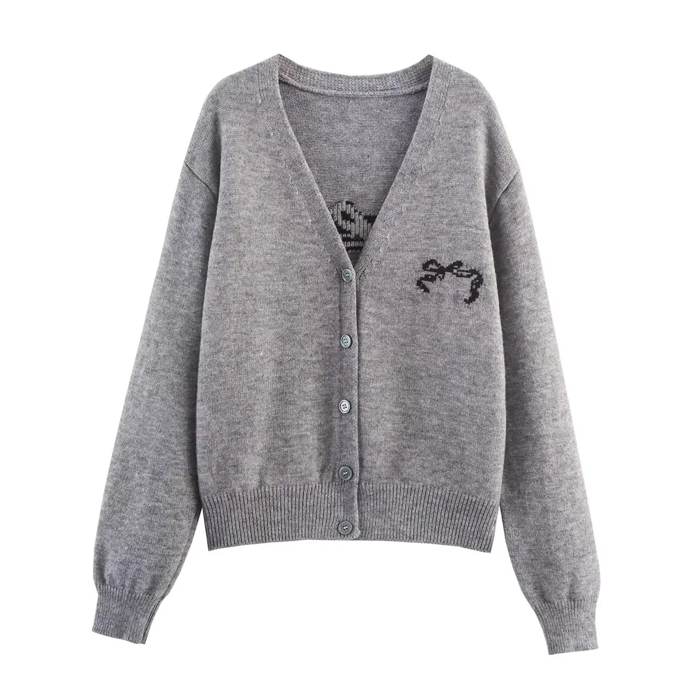 women's autumn new product casual versatile V-neck long sleeved single breasted knitted sweater jacquard cardigan