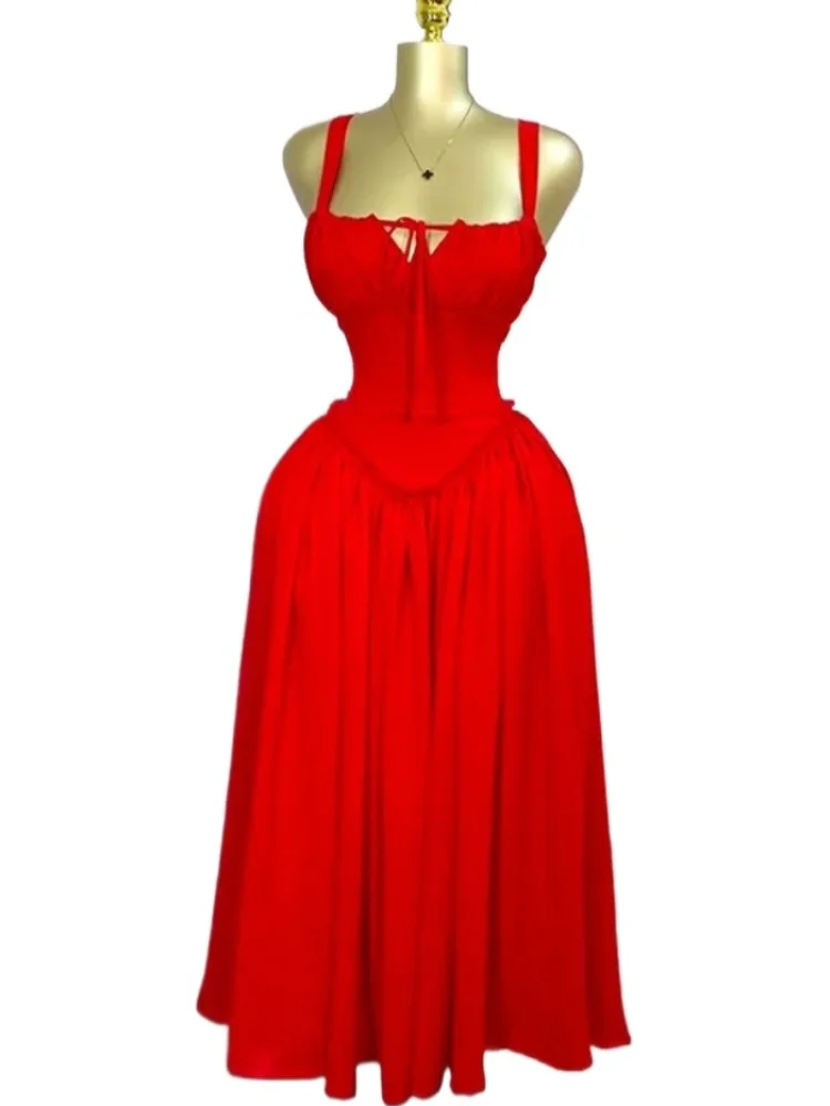 

Long Dress Women A Line Dresses V Neck Sleeveless Casual Lace Up High Waist Slim Fit Vestidos Elegant Party Night Spring 2025