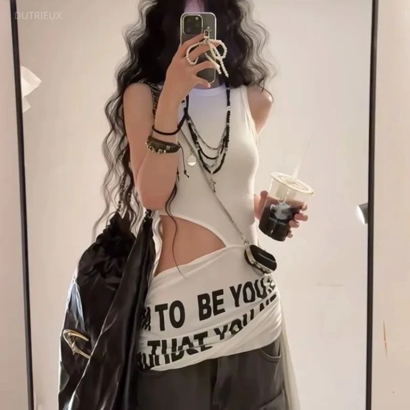 Slim Irregular Spice Girls Sexy Sleeveless Vest Hollow Out Spring New Moda Tanks All-match Trendy Minority Streetwear Tee