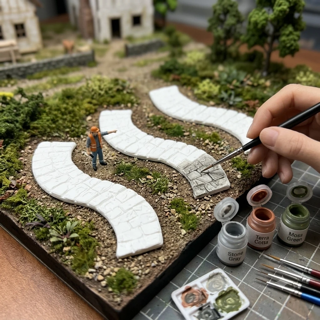 3pcs Model Curved Stone Road Tiles, Model Winding Path Segments, Textured Terrain Pieces for Tabletop, Micro Landscape Accessori