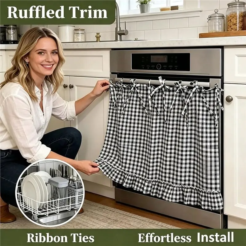 AB66- Curtain Tie Top Handmade Oven Skirt Curtain For Door Kitchen Dishwasher Farmhouse Meadow Skirt Heat-Resistant