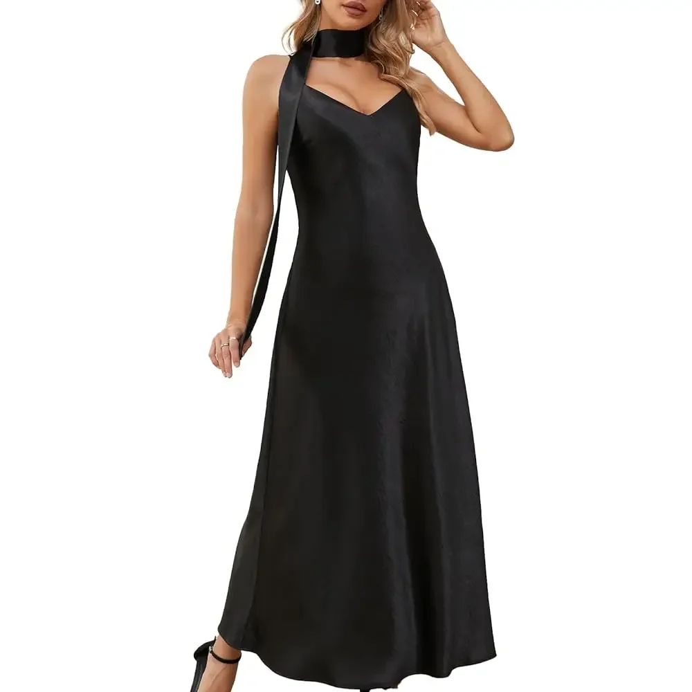 

Элегантное атласное платье-макси с V-образным вырезом, косым кроем и съемным шарфом