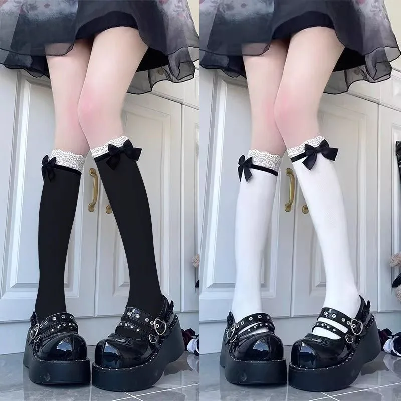 

Lolita Lace Bowknot Stockings Solid Color Long Tube Socks Kawaii Cute Japanese Style Women Girls Hosiery Fashion Accessories