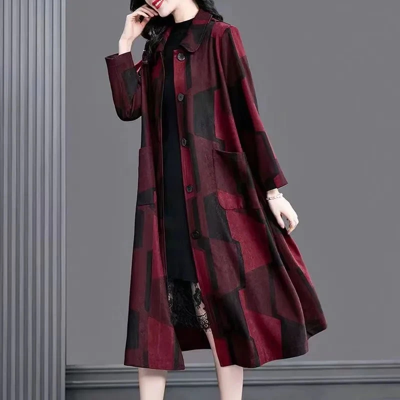 High End Autumn Mid-Length Windbreaker Women Fashion Large Size Print Trench Coat Middle Aged Mother Temperament Overcoat 5XL