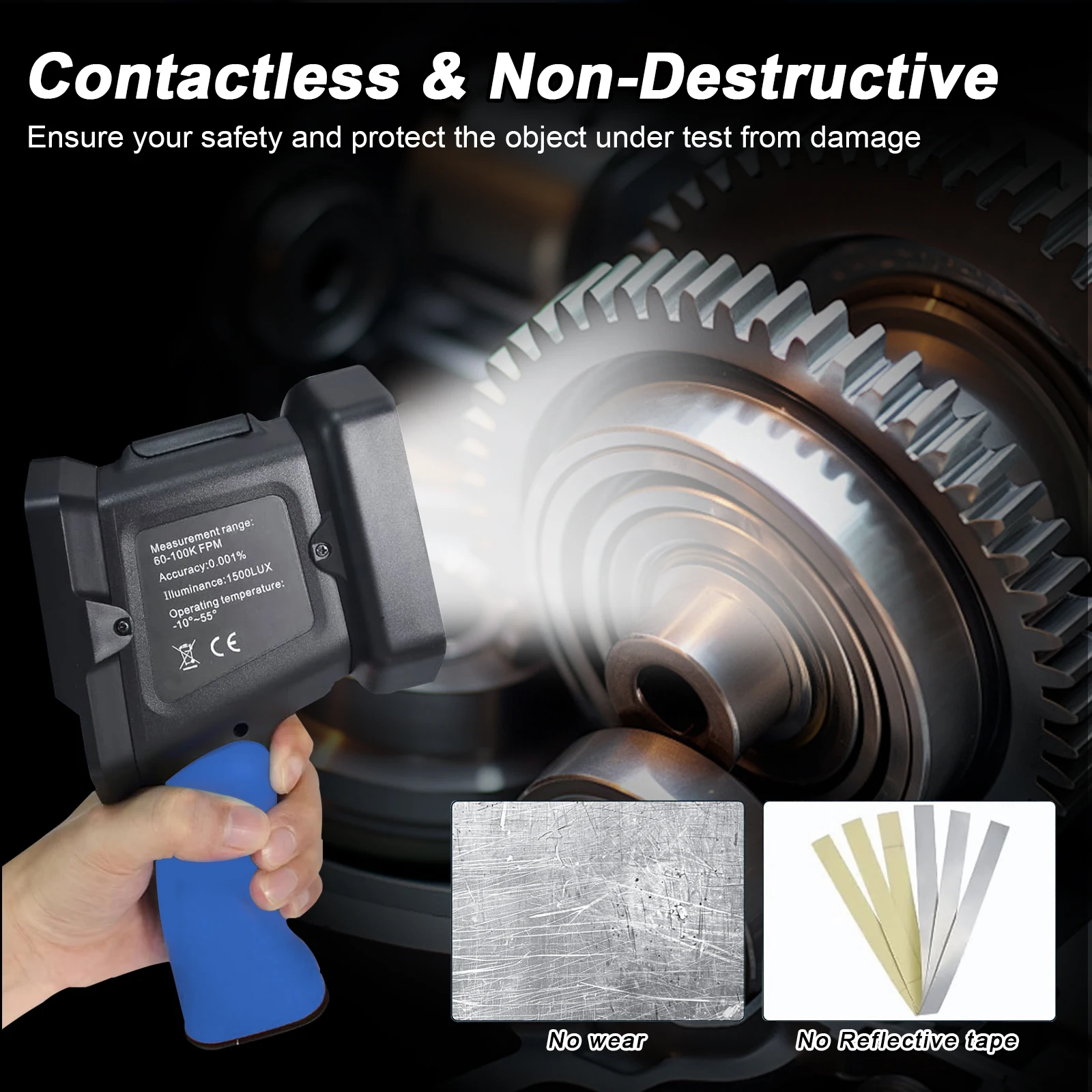 

Digital LED Stroboscope Tachometer 60-100000 RPM, Non-Contact RPM Meter with LCD Display, Adjustable Brightness & Frequency