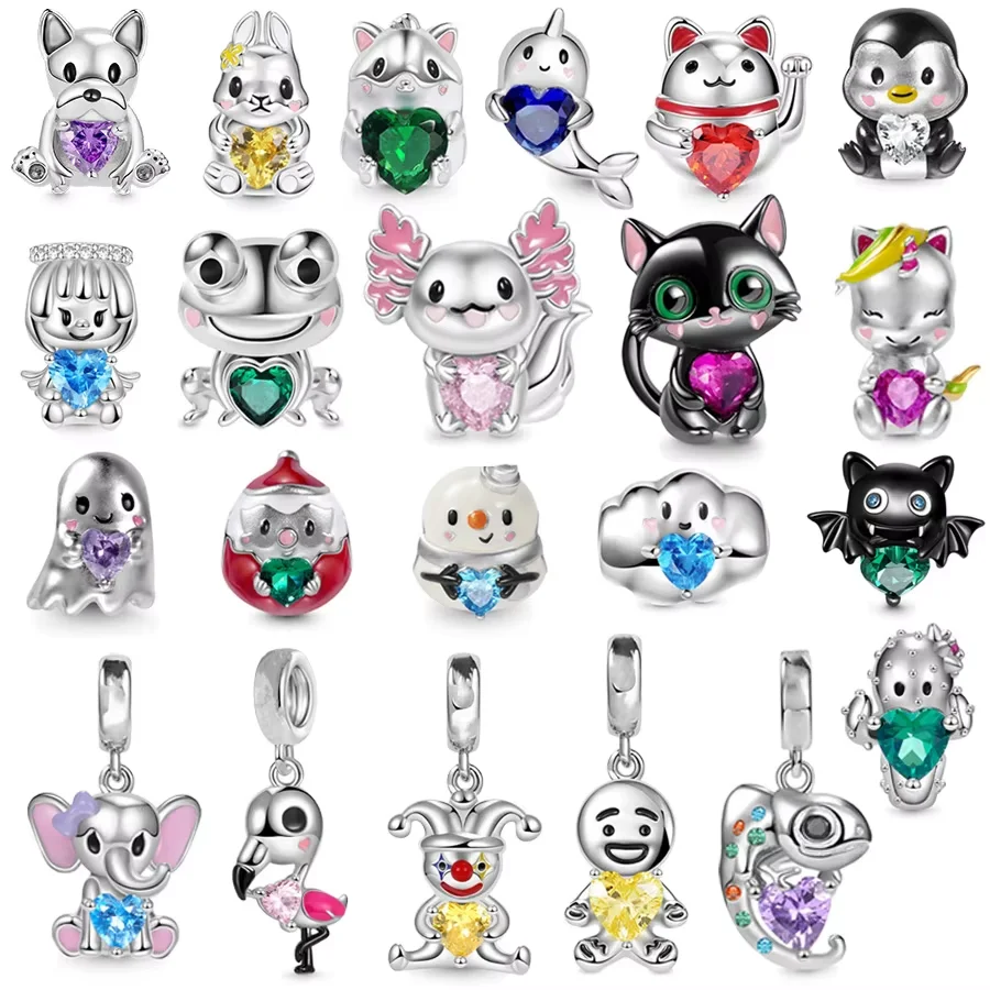 Gran oferta, abrazende la serie del corazón, gato negro, Axolotl, Rana, pingüino, cuentas aptas para pulsera de plata 925 Original, regalo de joyería