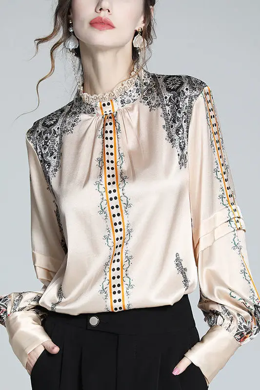 

Новинка весны 2024, шелковая рубашка, женская маленькая рубашка с французским кружевным воротником, атласная шелковая рубашка с принтом в западном стиле