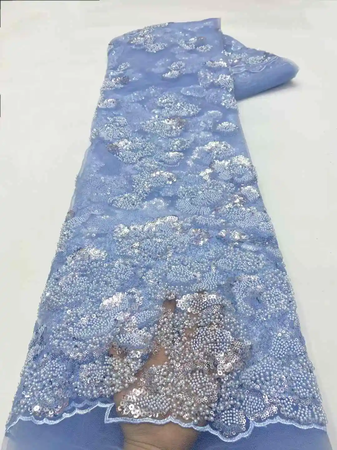 Handmade Beads Net Lace Crystal Sequins Fabric for Wedding or Evening Dress, Classical and Luxury, Top Quality XZ