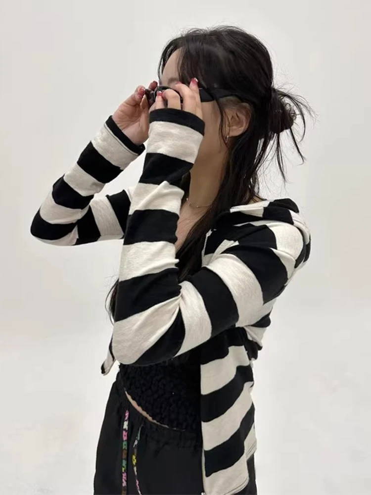 Women Sweatshirts Korean Fashion Autumn And Spring Striped Color Double Zipper Long Sleeve T-Shirts Skinny Casual Thin Coat