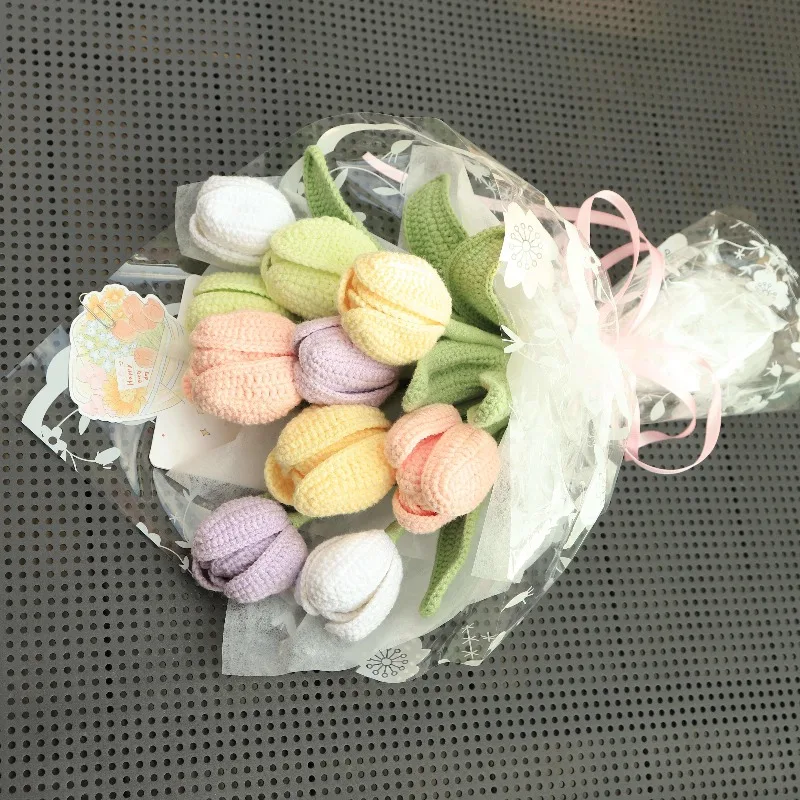 Crochet Tulip Hand Bouquet, Knitted Yarn Flower Gift for Mother & Girlfriend, Realistic Artificial Plant for Women's Day view 5