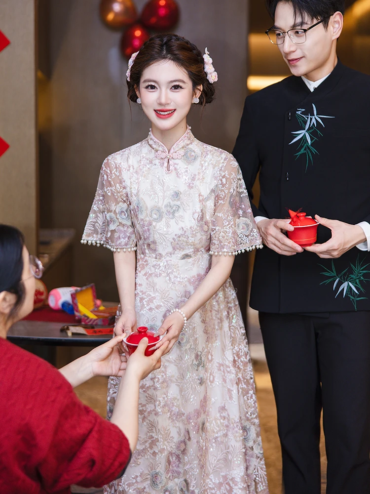 

Розовое вечернее платье-ципао с завышенной талией для беременных женщин, для помолвки, церемонии возвращения домой, длинное, А-силуэт, юбка-макси