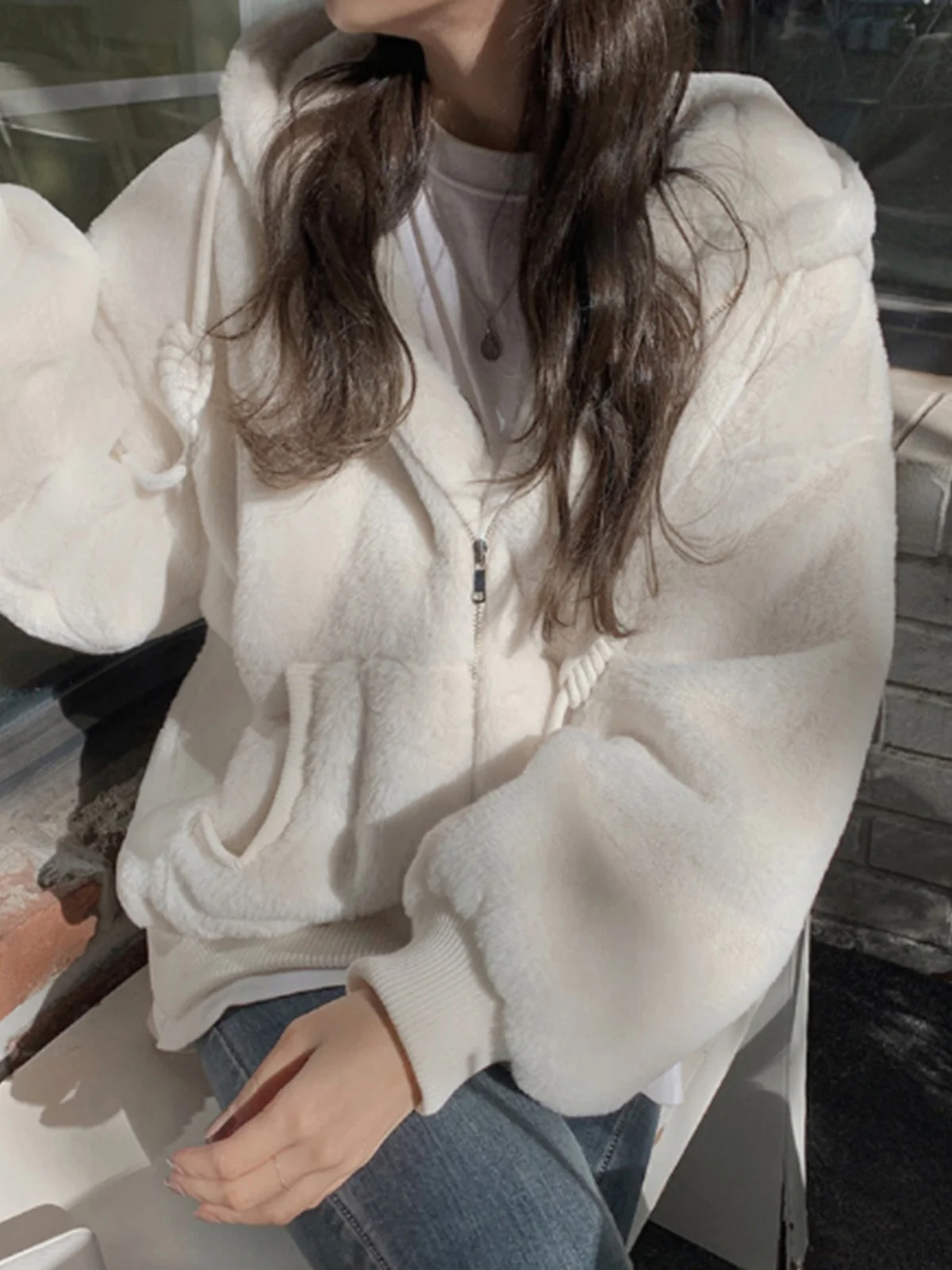 

Розовое пальто с капюшоном из меха ягненка, женское пальто из искусственной норки, осень-зима, новинка Sle Chic, корейская версия, длинная застежка-молния све