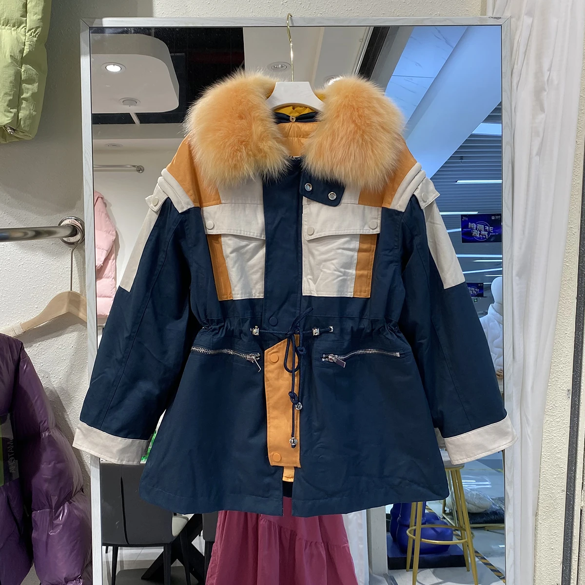 Parka de penas grossas mujer inverno luxo rea gola de pele de raposa com capuz longo solto pato branco para baixo jaqueta puffer