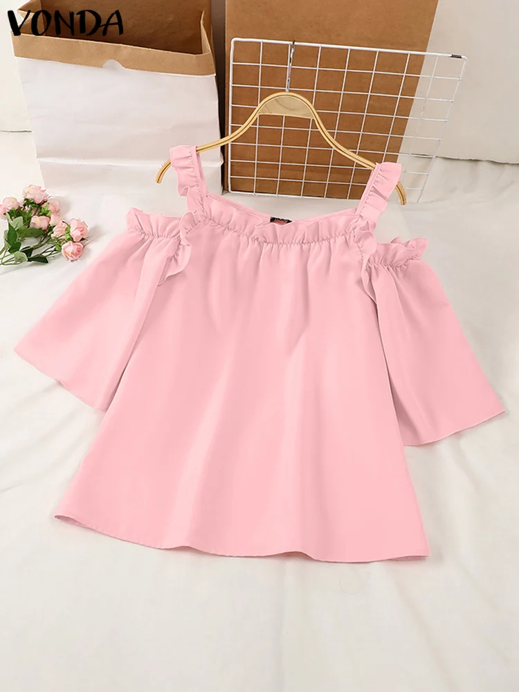 فوندا بلوزة نسائية كبيرة الحجم 2025 صيفية بدون أكتاف تانك القمم موضة قمصان مكشكشة بلون القمم تونك بلوزة فضفاضة غير رسمية #4