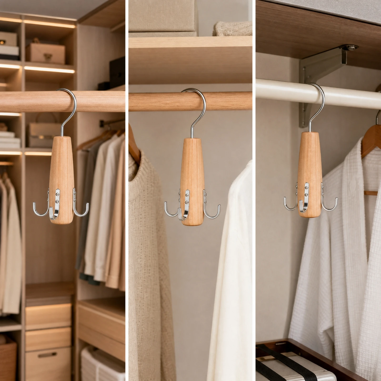 Wardrobe Accessory Rack Space-Saving Solid Wood Storage Hanger Closet Hook Rack with Chrome Hooks Sturdy for Wardrobes, Closets