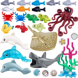 MOC-bloques de construcción de animales marinos, escena marina, tiburón, pulpo, Manta Ray, pez payaso, cangrejo, Tortuga, juguetes de ladrillos, regalo para niños