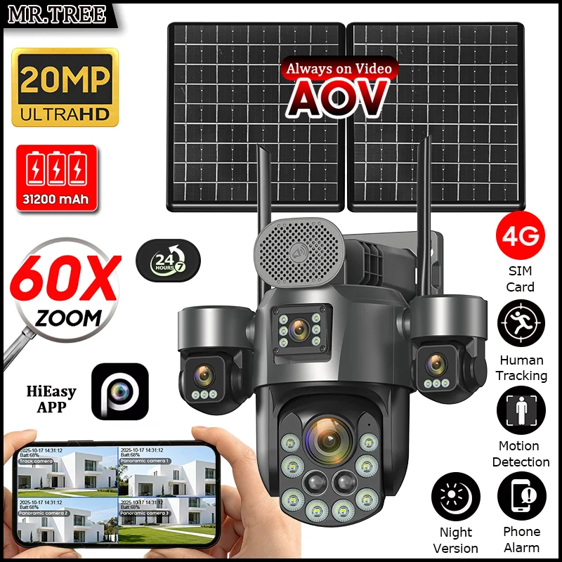 4G 25W Solar Camera Four Screen 60X Optical ZOOM PTZ Outdoor Surveillance 31200mah AOV 24-Hour Recording Auto Tracking Security