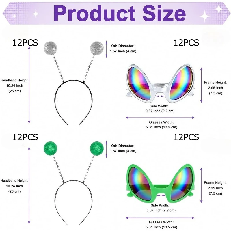 48PCS/SET Alien Glasses and Antenna Headband Costume Accessories Set Alien Rainbow Lens Sunglasses,Headband Boppers Antenna