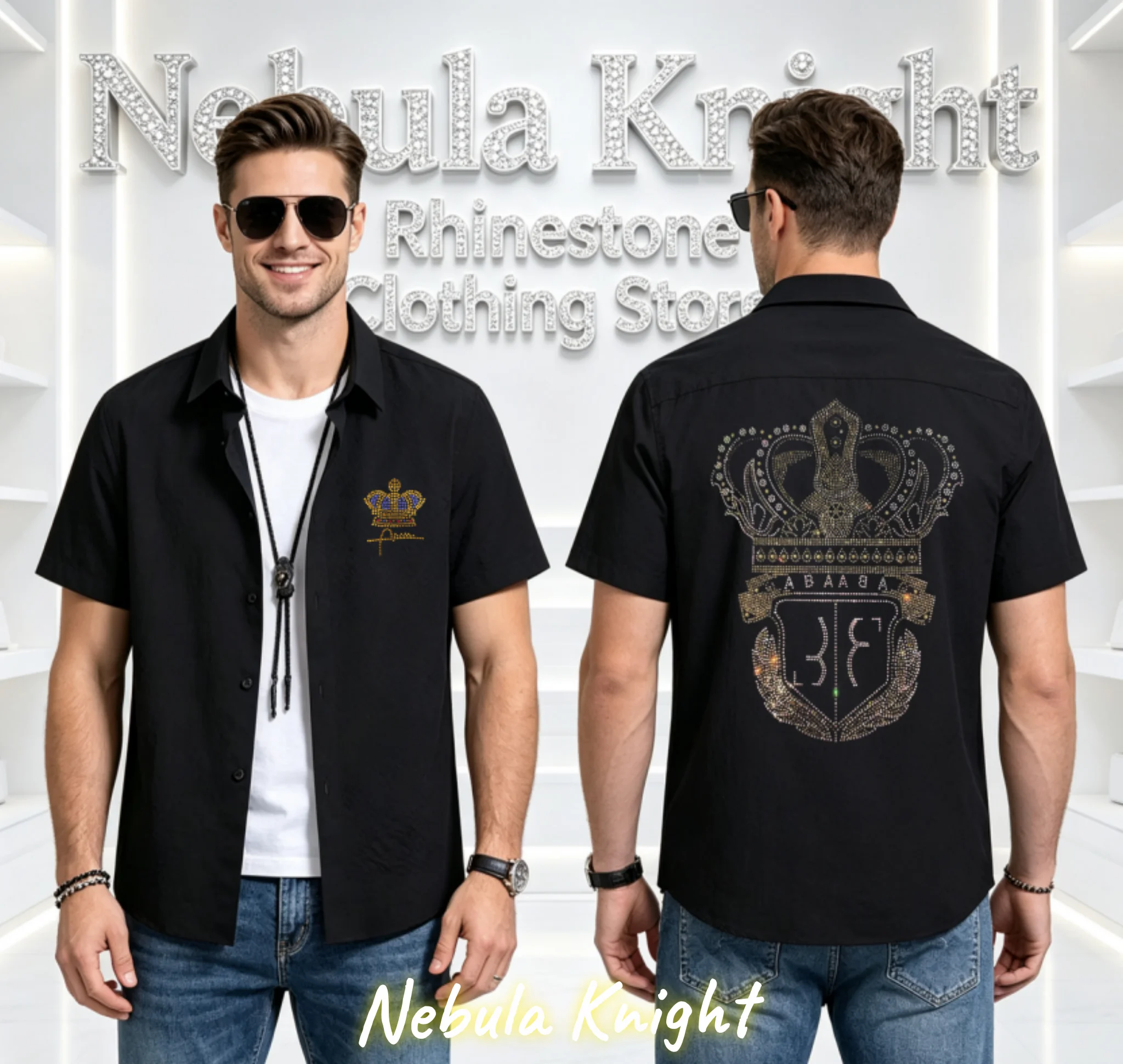 Men's Rhinestone Shirt Short Sleeve Luxury Sparkling Hotfix Drill Hip Hop Streetwear European Summer Casual Top Male Shirt