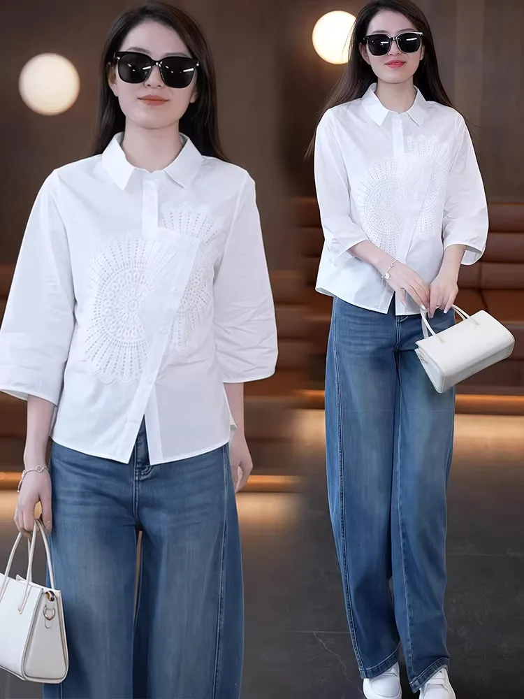

Embroidered Women's Shirt Cover Belly Seven-Quarter Sleeve Spring Summer Fashion Loose Fit Base Layer Chinese Style Top
