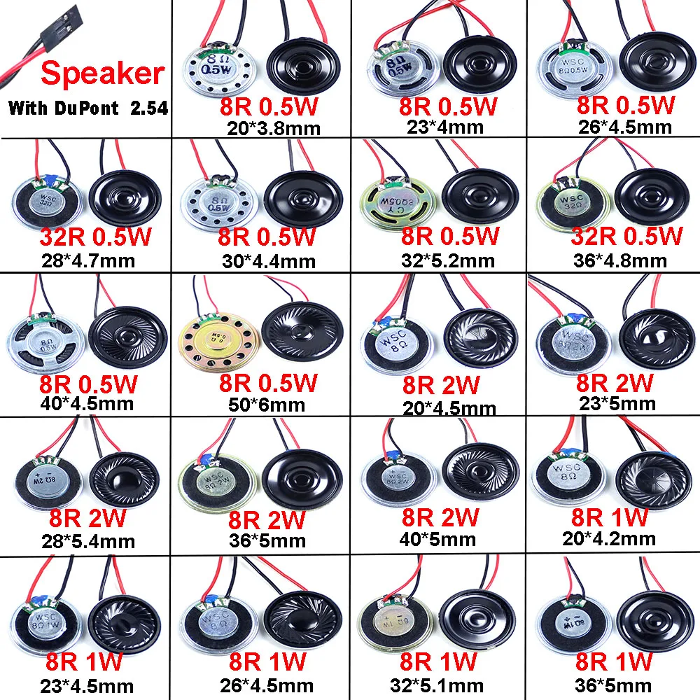 超薄型スピーカー,直径20,23,26,28,30,32,36,40,50mm,デュポン0.5端子付き,8r,32r,2.54 w,1w,2w