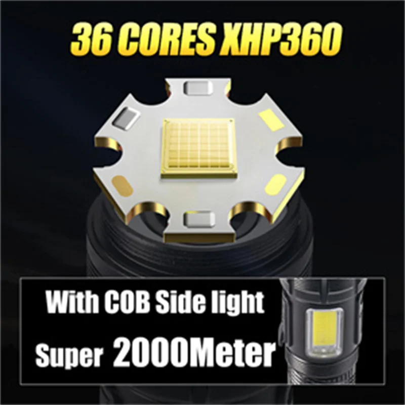 2000Meters 36Cores XHP360 Powerful Flashlight 26650 USB Rechargeable Flash Light Zoomable Tactical Torch LED flashlight Lantern