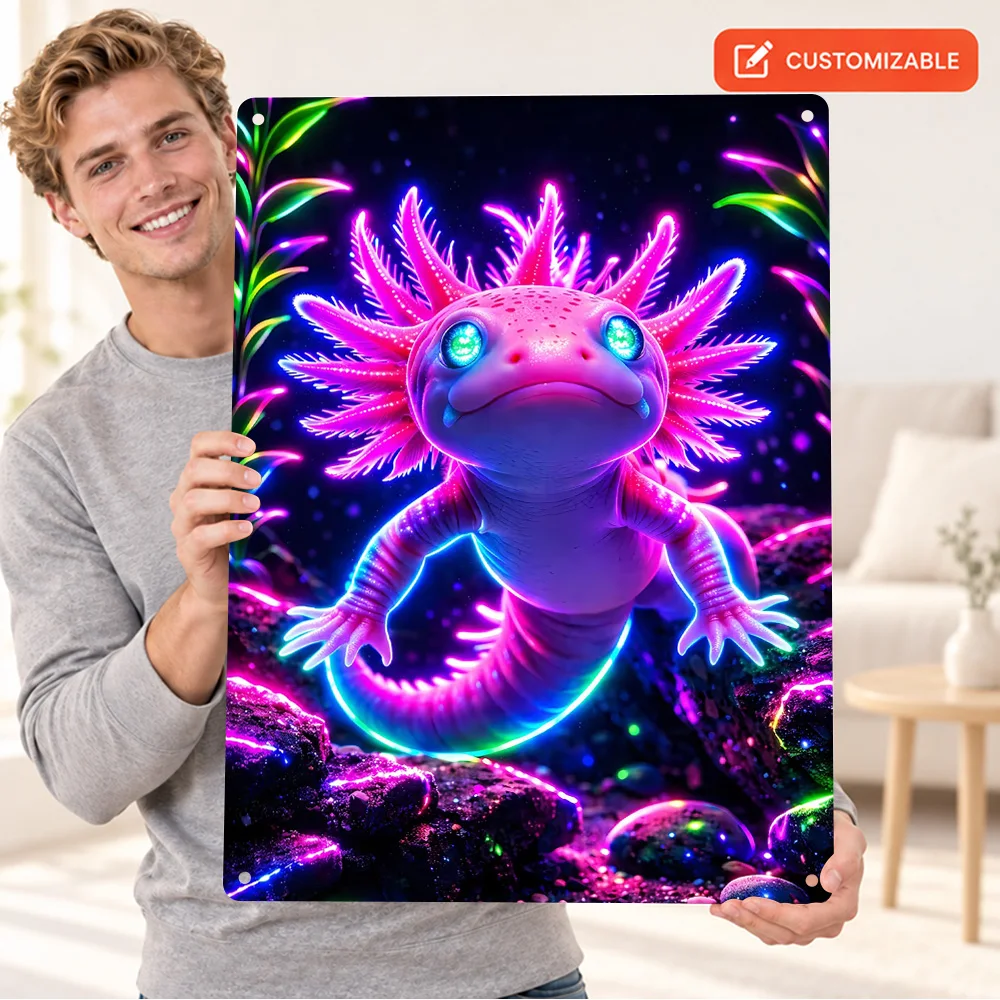 Neon Axolotl In Underwater Garden Aluminum Poster Aquatic Nature Style Wall Art For Bedroom Personalized Metal Sign Child Gift