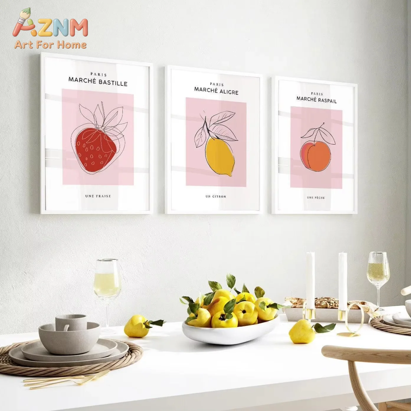 AZNM Blush Pink Set Fruit Market Posters Pastel Pink Blush Wall Art Colourful Wall Art Kitchen Wall Art Dining Room Prints