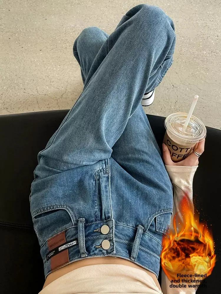 

Женские джинсы больших размеров с высокой талией, широкими штанинами, на флисовой подкладке, утепленные, в стиле ретро, с двойной отделкой, свободного прямого кроя, визуально стройнящие