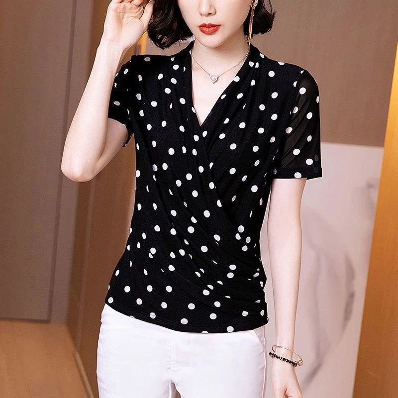 Elegant Polka Dots Mesh Office Ladies Basic Tops Women Spring Summer V-neck Long Sleeve All-match Slim Temperament Blouse Shirts