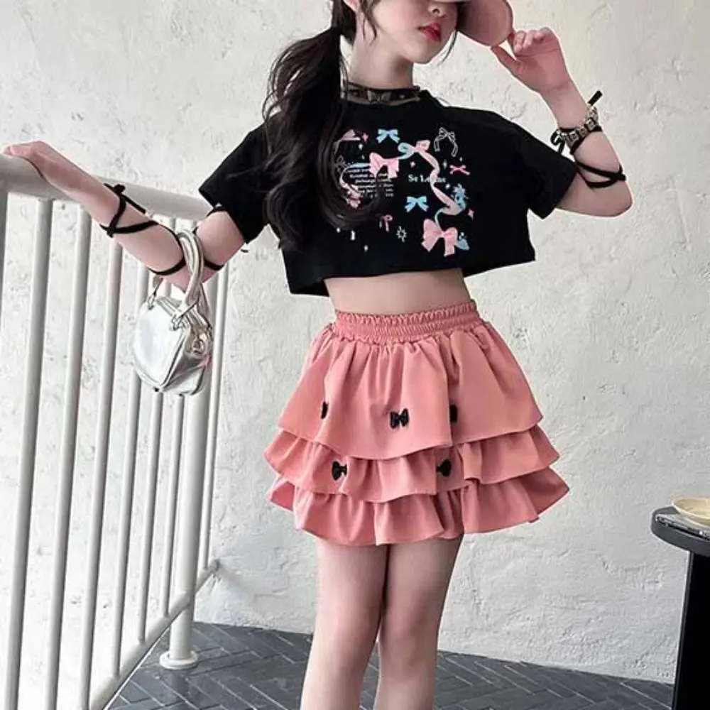 Conjuntos Y2K con lazo para niños, conjunto de falda con pastel, camiseta plisada para adolescentes, traje de falda, conjunto de ropa ajustada dulce para niñas, verano