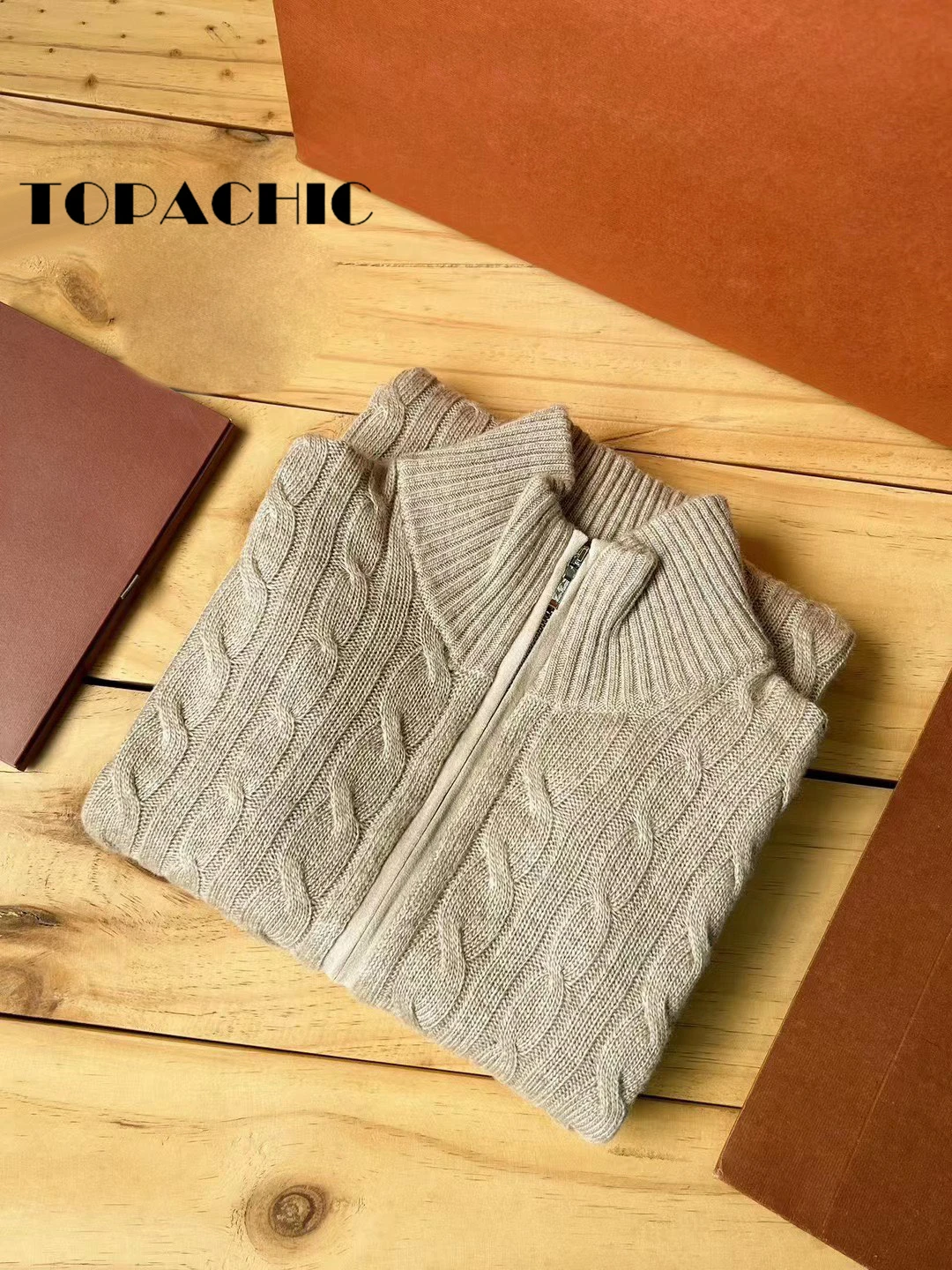 10.9 TOPACHIC Mock Neck Half Zipper Twist Knitted Cashmere Casual Pullover Men\'s Sweater