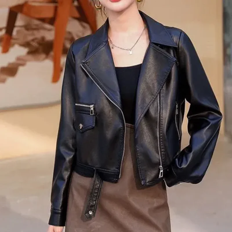 2025 Autumn New Leather Jacket Women's Short Popular Street Casual Retro Pu Leather Fashion Leather Jackets