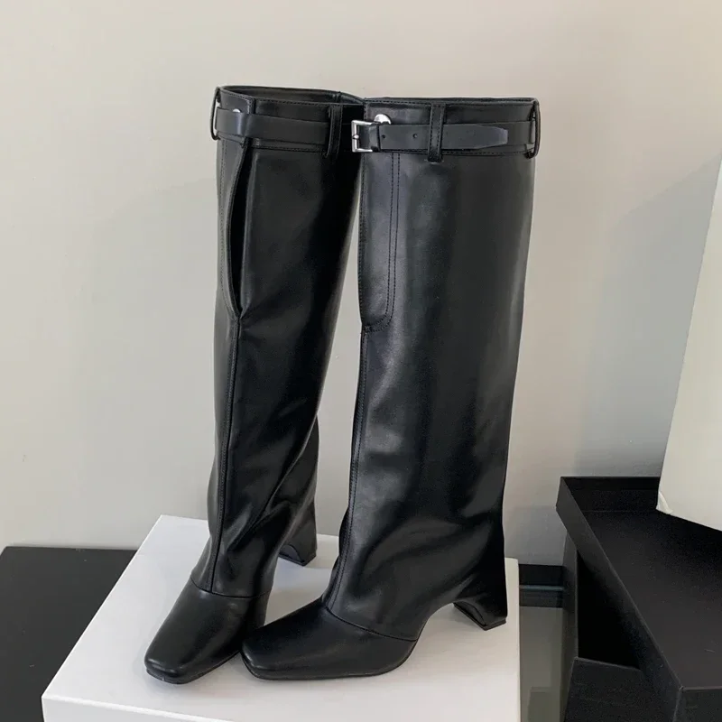 

Aneikeh/2026, зимние ботильоны на высоком квадратном каблуке, уличный стиль, женские сапоги до колена с пряжкой и ремешком, туфли-лодочки для стриптиза