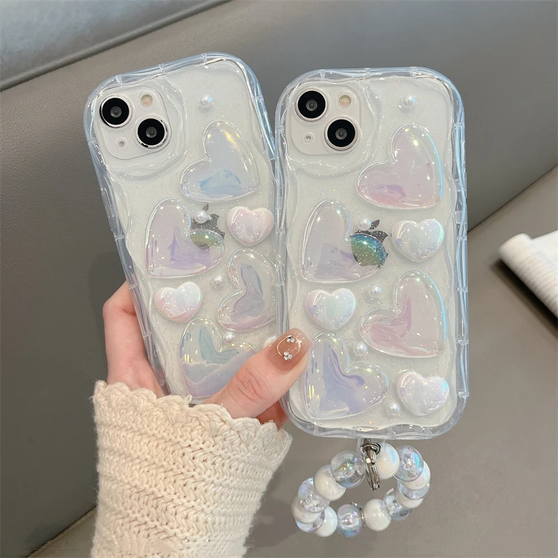 Laser Glitter Love Heart Bead Wrist Bracelet Clear Phone Case For IPhone 14 13 12 11 Pro Max X XR XS Fashion Wave Edge Cover