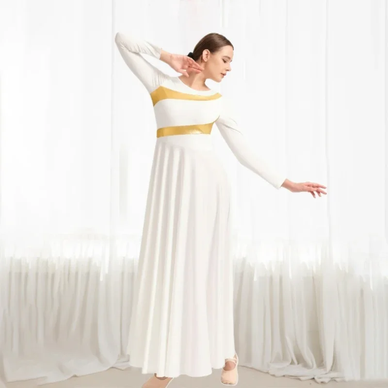 

Women's Long Sleeve Praise Dance Dress Liturgical Church Dancewear Metallic Costume Fit Full Length Church Dancewear