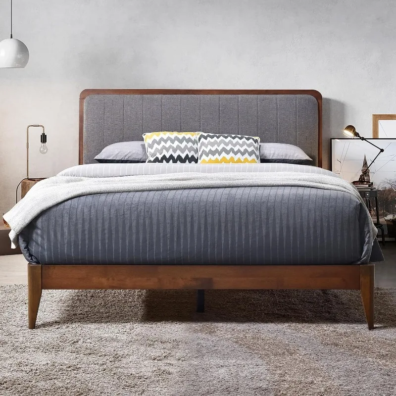 Raven Solid Wood Queen Size Bed Frame - Mid Modern Style, Platform with Tufted Upholstered Adjustable Height Headboard