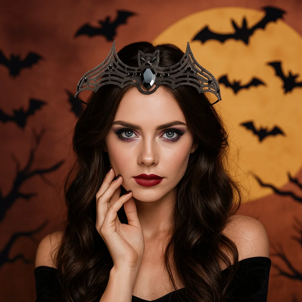 

Retro Metal Halloween Bat Hairband Sparkling Multicolor Rhinestone Crowns Korean Style Dark Halloween Tiara Ladies