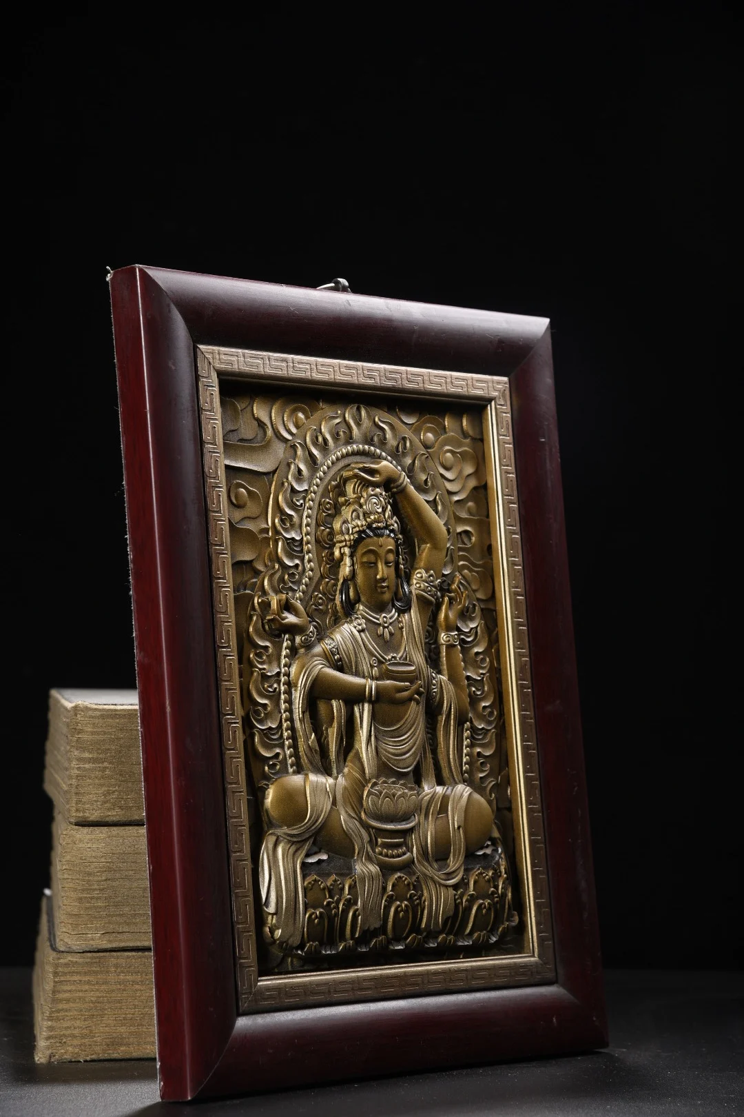 

13"Tibetan Temple Collection Old Sandalwood Mosaic Purple Bronze Painted Relief Four armed Guanyin Thangka hanging panel