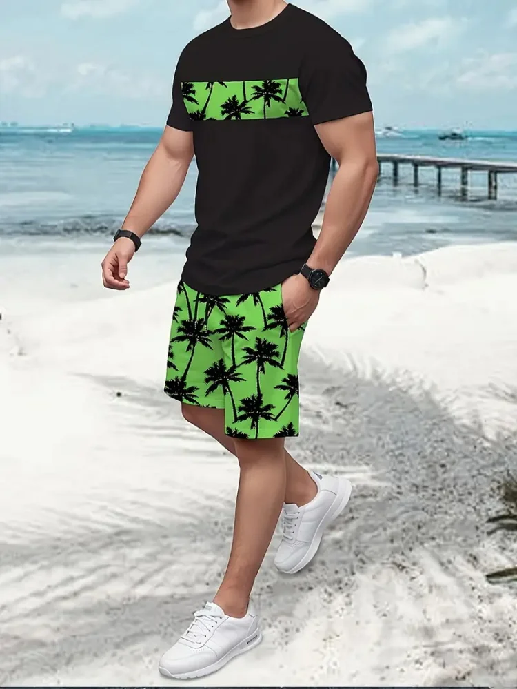 2025 Fashion Men's Short Sleeve Set Coconut Tree Print Black And White Summer Short Sleeve Shorts 2 Pieces Leisure Vacation