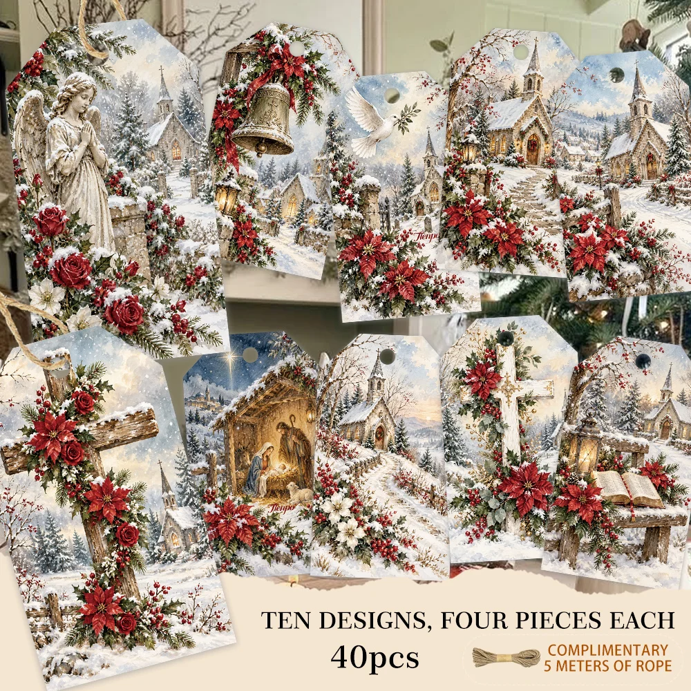 40pcs, Gift Tags, Vintage Religious Snow Scene, Hanging Paper Labels for Gift Wrapping, Holiday Party Decor with String