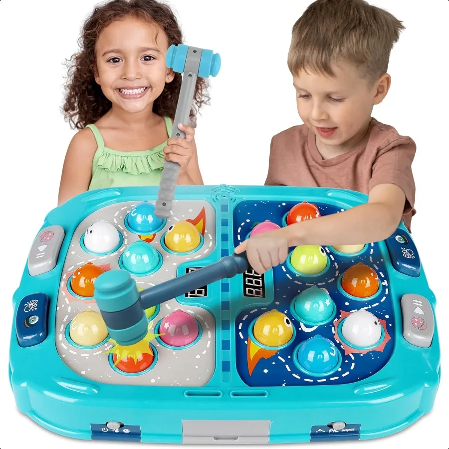 

Large Double Hammer Toy for Ages 3+ 11x15 Inch Early Learning Toy with Lights Sounds Interactive Pounding Bench with 9 Speed Le